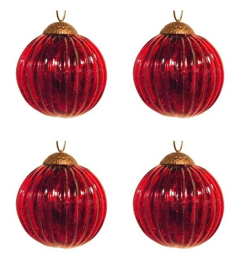 3" Mercury Glass Ball with Ribbed Texture Christmas Ornament Set of 4