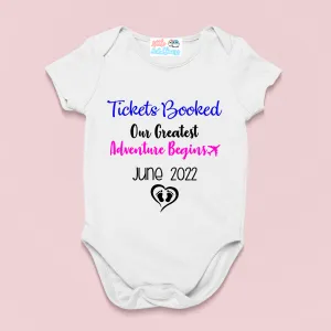 Tickets Booked Our Greatest Adventure Begins White Baby Announcement Onesie